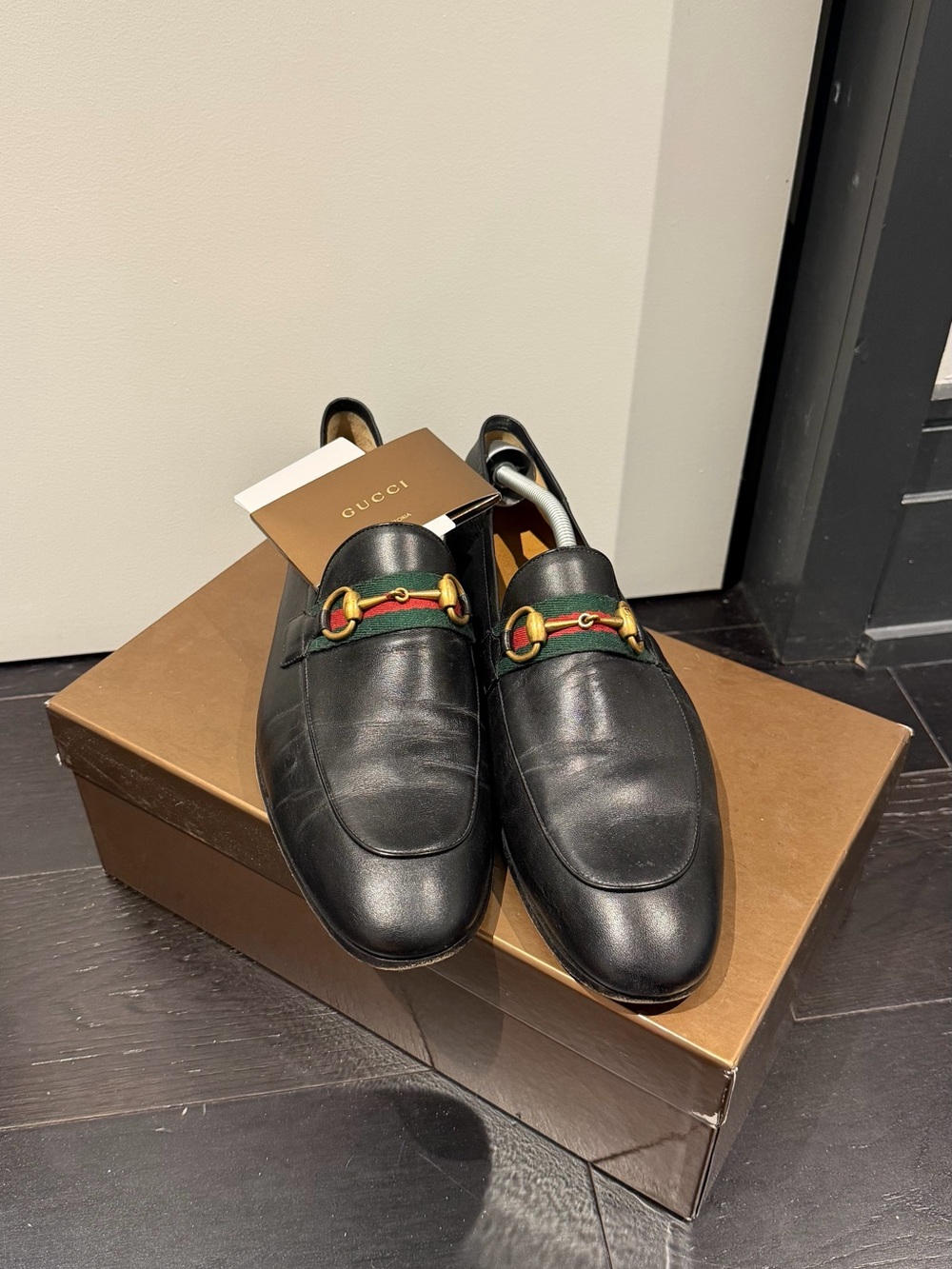 Gucci Black Leather Loafers with Green & Red Web Trim
